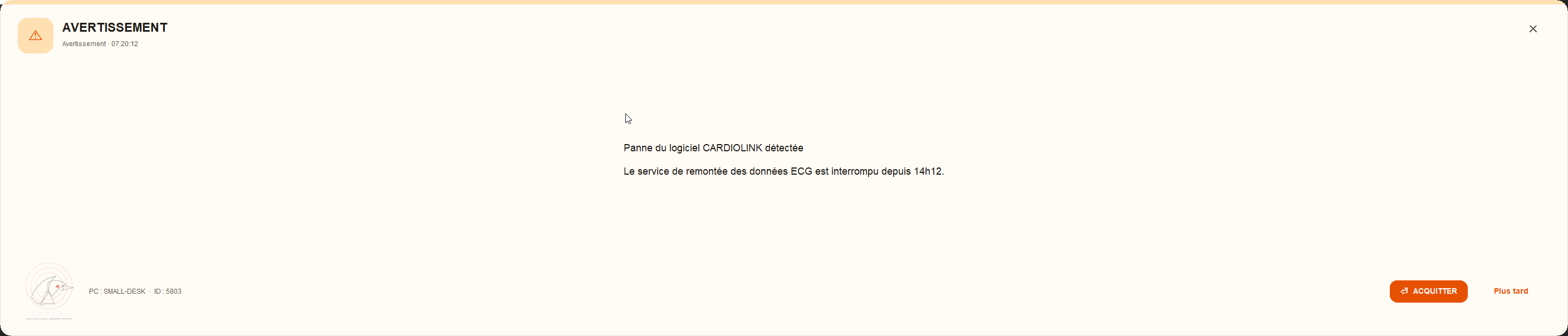 Capture d'écran d'une alerte RAVEN de niveau avertissement sur un poste Windows