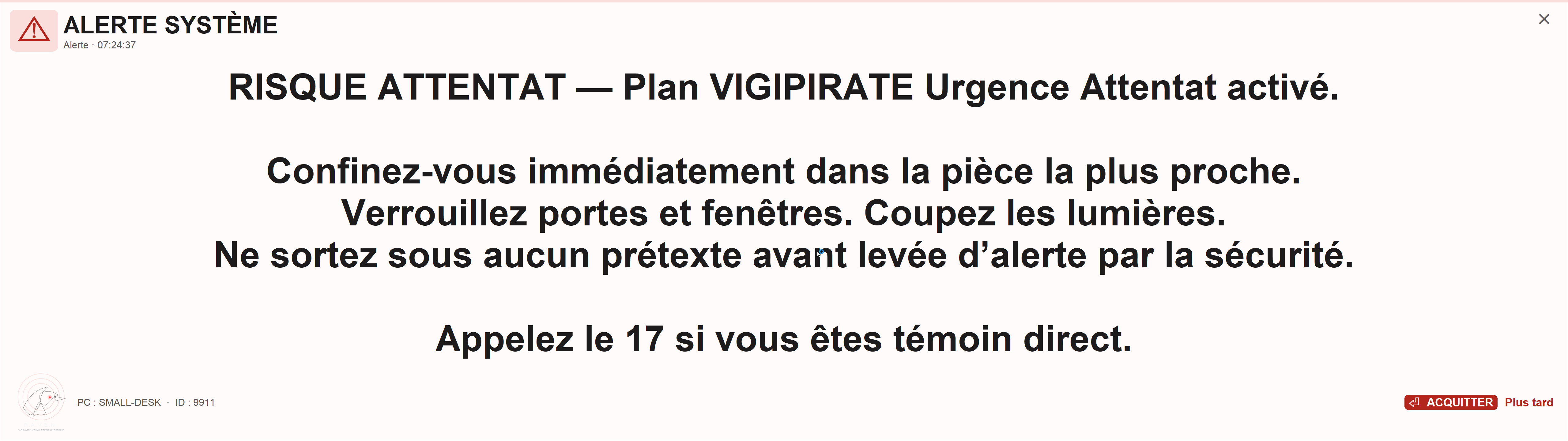 Capture d'écran d'une alerte RAVEN de niveau critique en plein écran sur un poste Windows