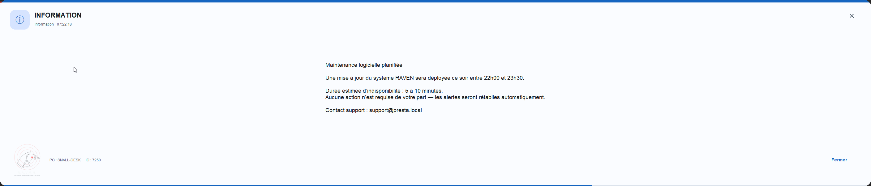 Capture d'écran d'une alerte RAVEN de niveau information sur un poste Windows